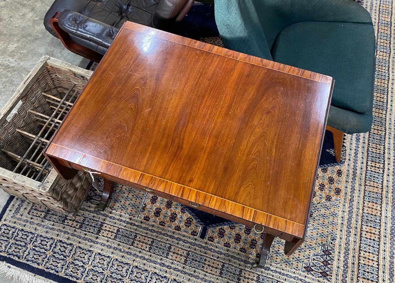 A Regency and later rosewood banded mahogany sofa table, width 83cm, depth 60cm, height 71cm